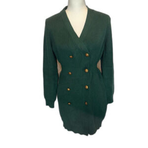 NWT Green Rib Knit Sweater Dress Small Gold Tone Buttons Preppy